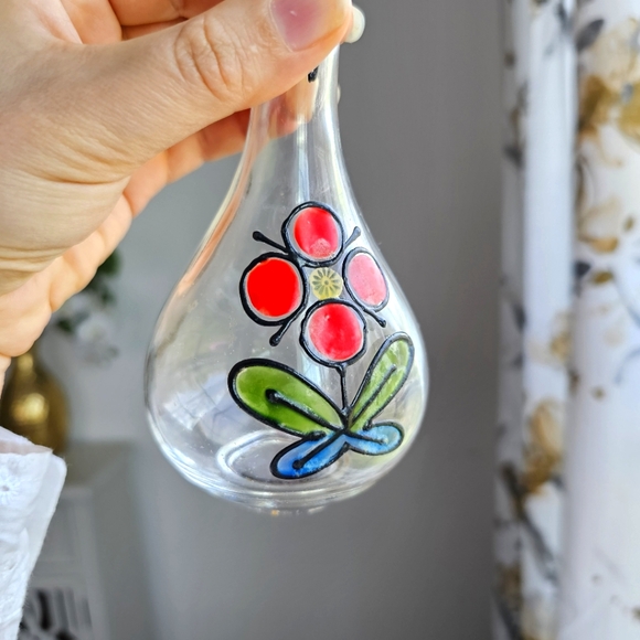 Antique Handpainted Glass Cruet Set Red Flowers, Wood Stoppers, Made in Japan - Picture 8 of 13